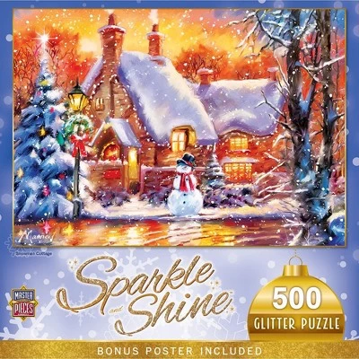 MasterPieces 500 Piece Glitter Christmas Jigsaw Puzzle - Snowman Cottage - 15"x21" 1 MasterPieces 500 Piece Glitter Christmas Jigsaw Puzzle - Snowman Cottage - 15"x21"