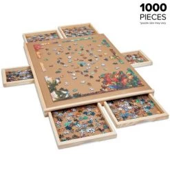 SkyMall 1000 Piece Puzzle Board w/Mat | Premium Wooden Jigsaw Puzzle Table with 6 Magnetic Removable Storage & Sorting Drawers | 23"x31" Smooth Plateau Work Surface & Reinforced Hardwood Construction