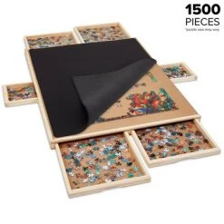 SkyMall 1500 Piece Puzzle Board w/Mat | Premium Wooden Jigsaw Puzzle Table with 6 Magnetic Removable Storage & Sorting Drawers | 27"x35" Smooth Plateau Work Surface & Reinforced Hardwood Construction